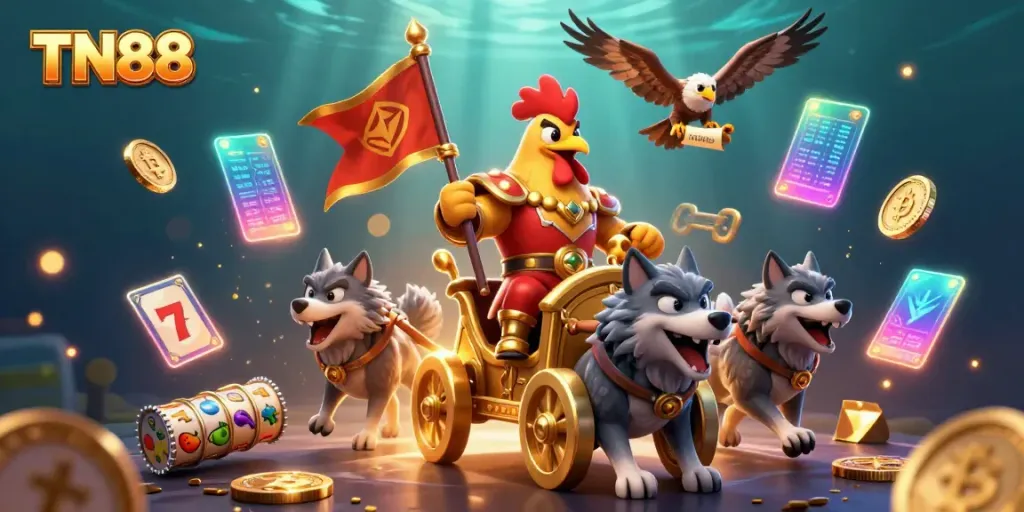 Experience the thrill of TN88 slots with a golden rooster riding into victory in a captivating casino scene.