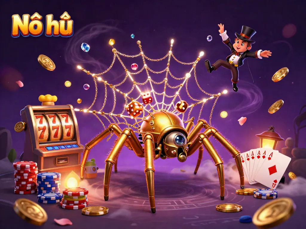 Nổ hũ slots illustration showcasing a golden spider and casino elements with coins and cards.