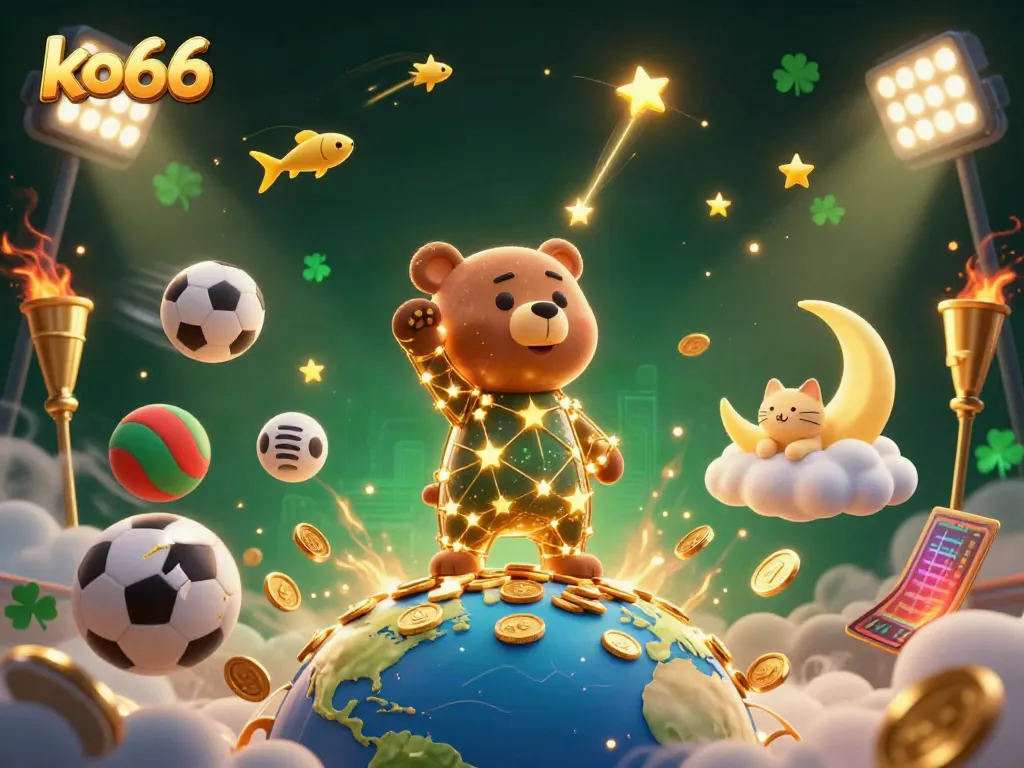 Experience the thrill of ko66 with dynamic casino elements and starry characters in this 3D illustration.