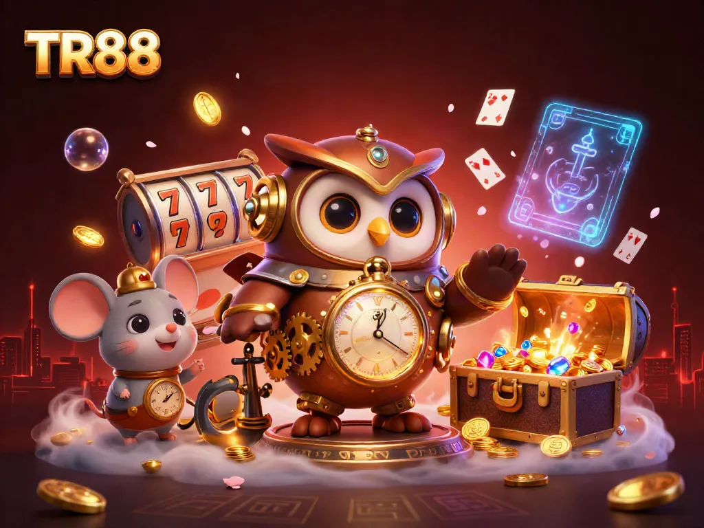 Experience the thrill of TR88 with an energetic casino scene featuring a time-traveler owl and dynamic gaming elements.