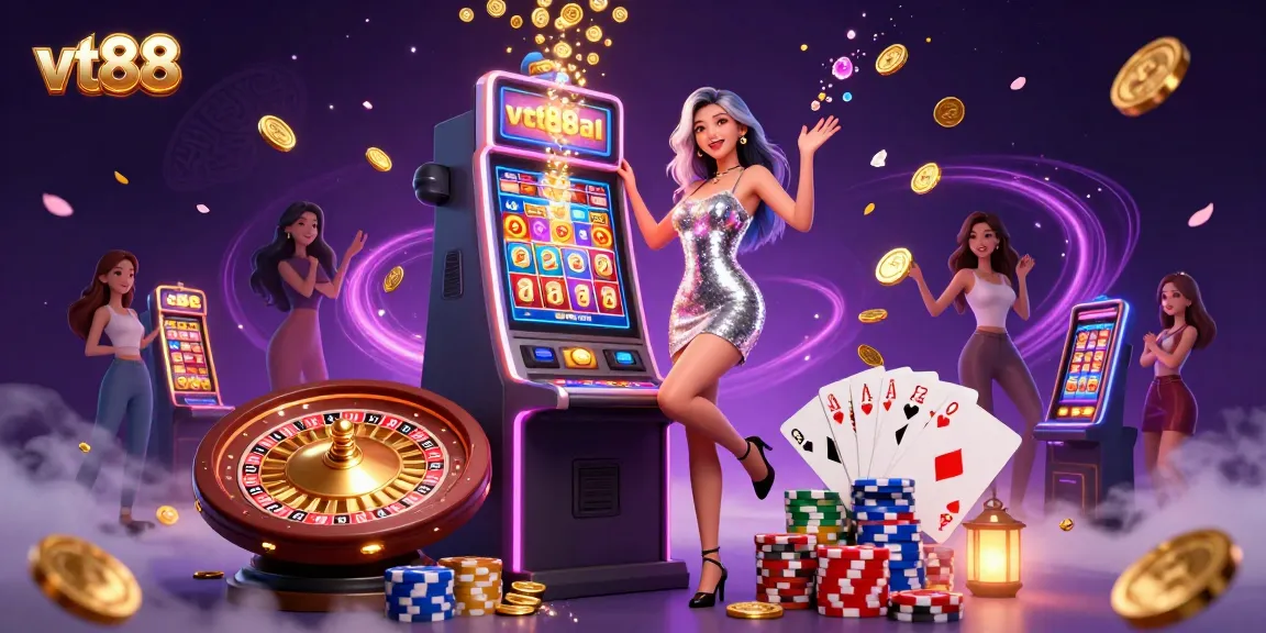 Join the excitement at vt88 with an Asian woman celebrating a jackpot win at a vibrant casino.