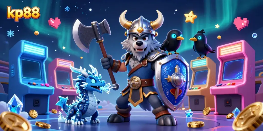 Experience thrilling gaming with kp88 - a dynamic scene featuring a Viking wolf warrior, dragon, and enchanting arcade elements.