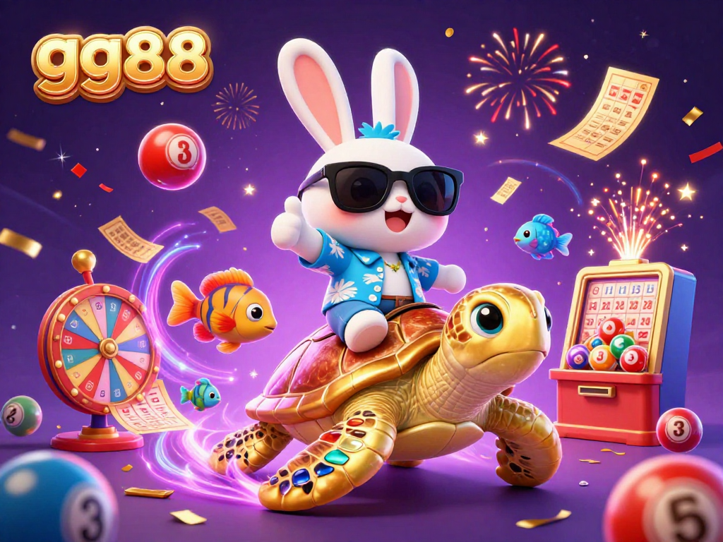 Engage in exhilarating lottery excitement with gg88 while a lucky rabbit and sea turtle celebrate amidst vibrant gaming elements.