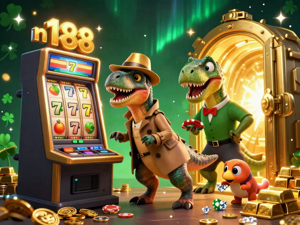 Experience the thrilling n188 casino with a velociraptor card counter at a slot machine amidst vibrant treasures.
