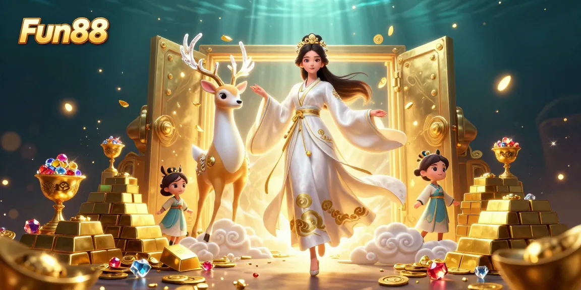 Experience thrilling gameplay with Fun88 in a vibrant 3D casino scene filled with riches.
