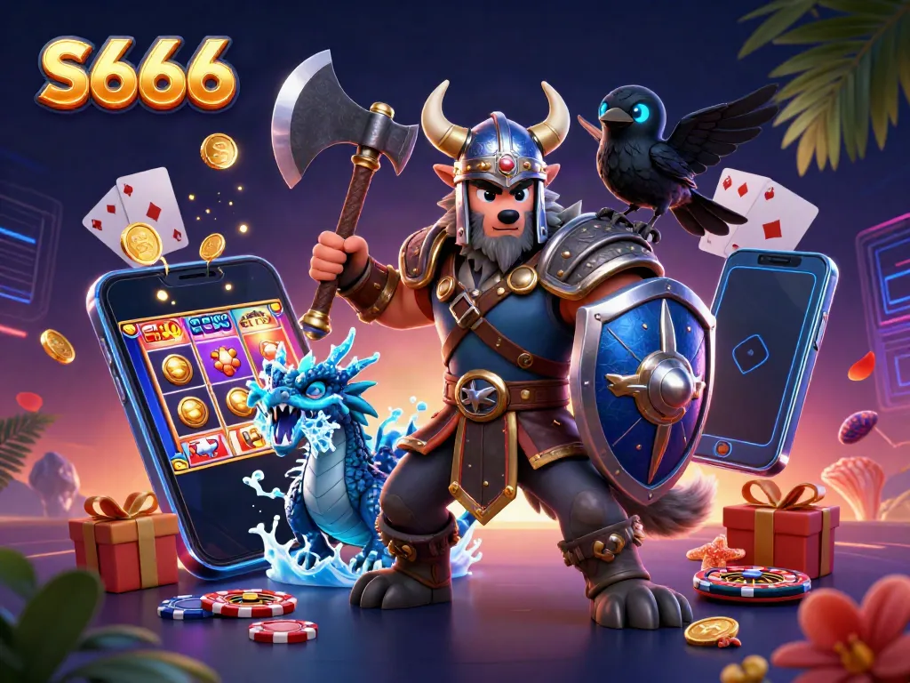 Experience thrilling gameplay with S666 featuring a Viking warrior, dragon, and diverse casino elements.