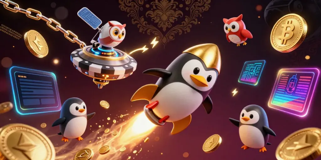 Engage in online casinos that accept credit card, illustrated with a golden penguin and a vibrant casino in space.