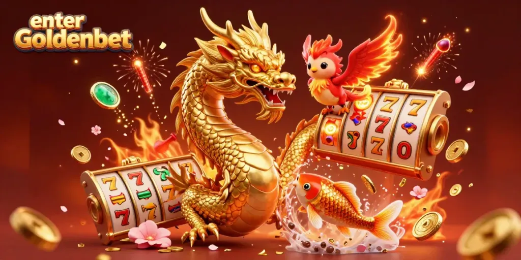 Engage in thrilling play as you enter Goldenbet with captivating visuals of a golden dragon and vibrant slots.