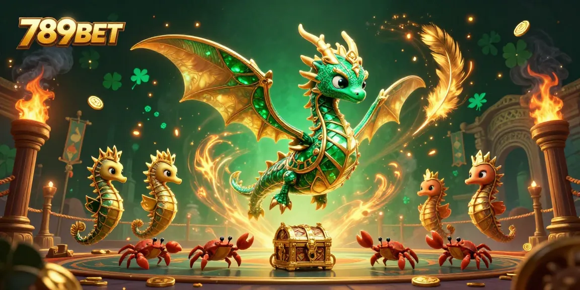 Explore vibrant 789BET gaming action featuring emerald sea dragons and a treasure chest.