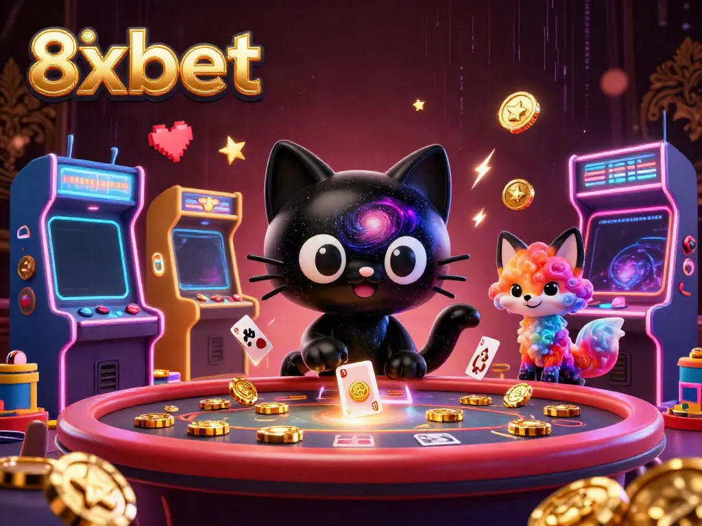 Engage with 8xbet's cosmic casino featuring a black hole cat and vibrant arcade games.