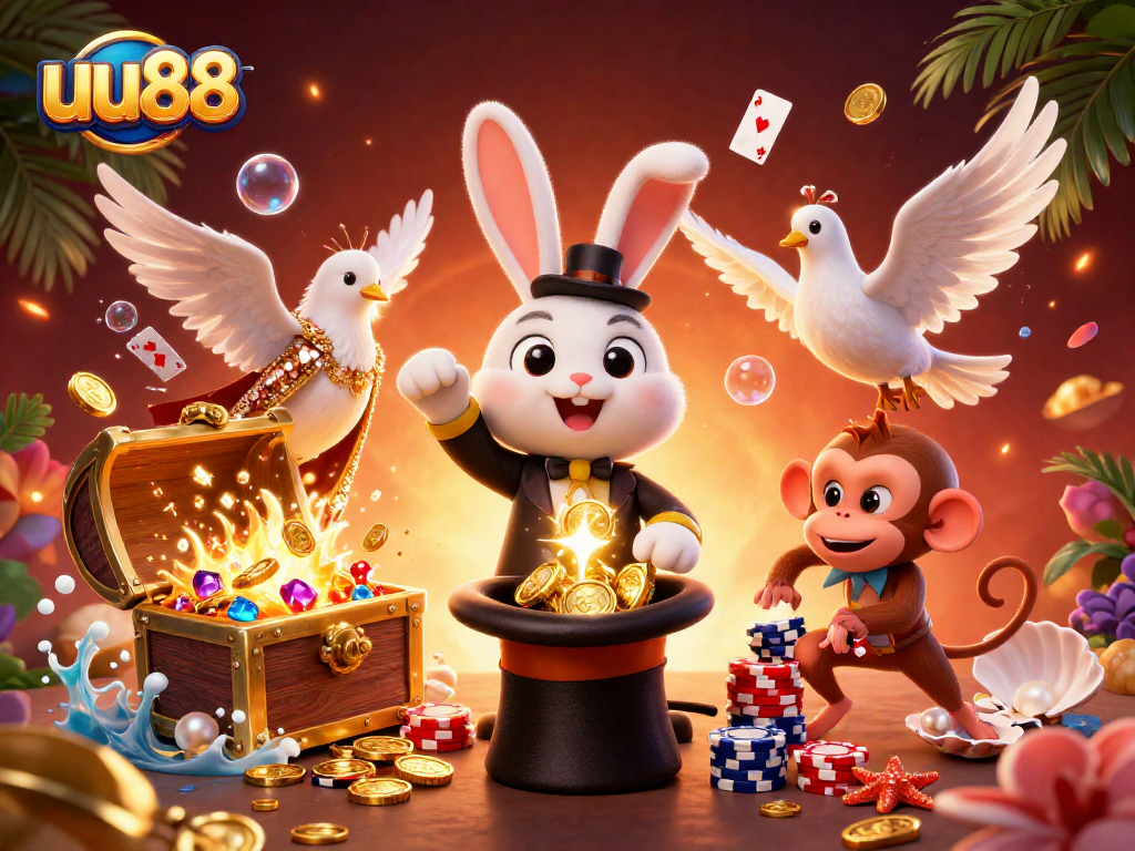 Experience the excitement of winning at uu88 with a vibrant casino illustration featuring a magician, dove, and playful monkey.