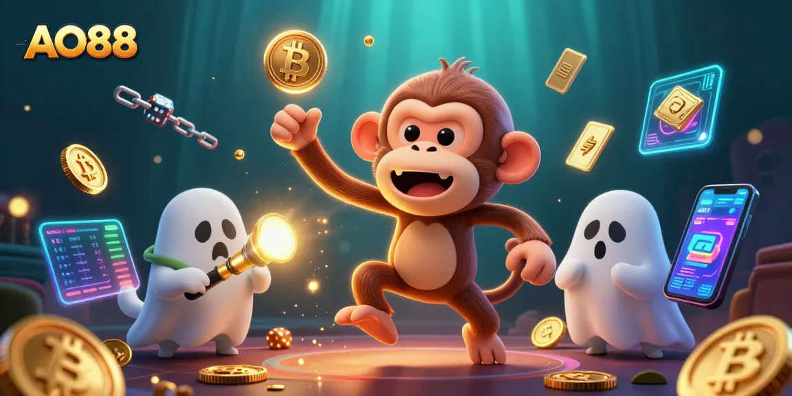 Experience thrilling gameplay with AO88 in a vibrant haunted casino scene featuring crypto coins and dynamic elements.