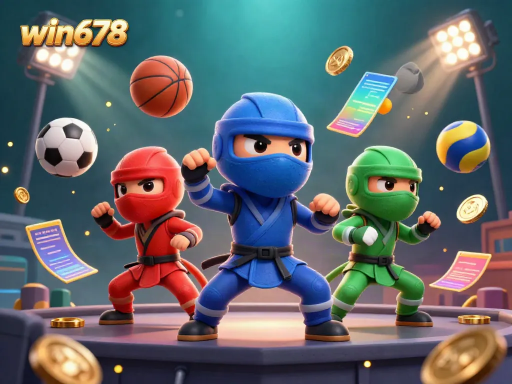 Experience thrilling gameplay with win678 as ninja chameleons showcase their skills amidst vibrant sports betting elements.