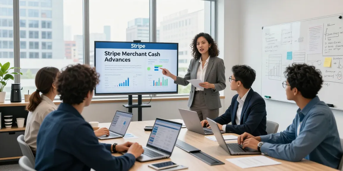 Collaborative business meeting discussing Stripe merchant cash advances in a modern office.