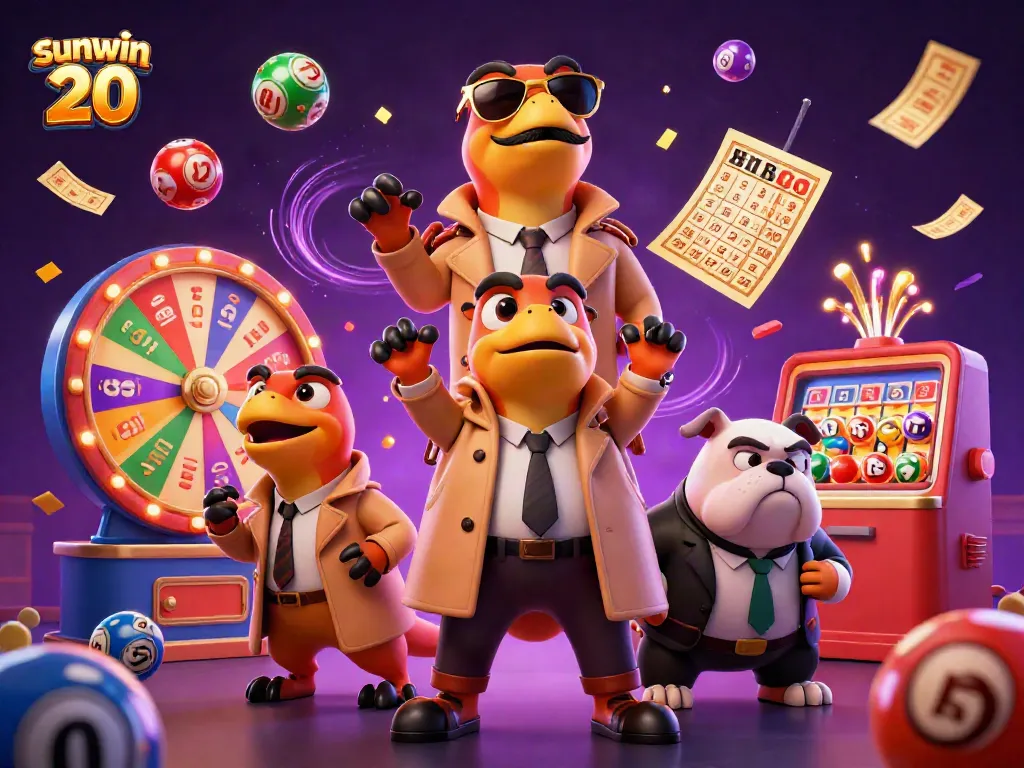 Experience the thrilling action at sunwin 20 with vibrant lottery balls and raptors entering a VIP lounge.