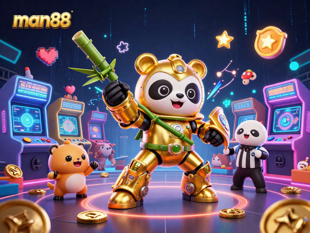 Join the excitement at man88 with a dynamic scene of a panda in a mech-suit and colorful arcade elements.