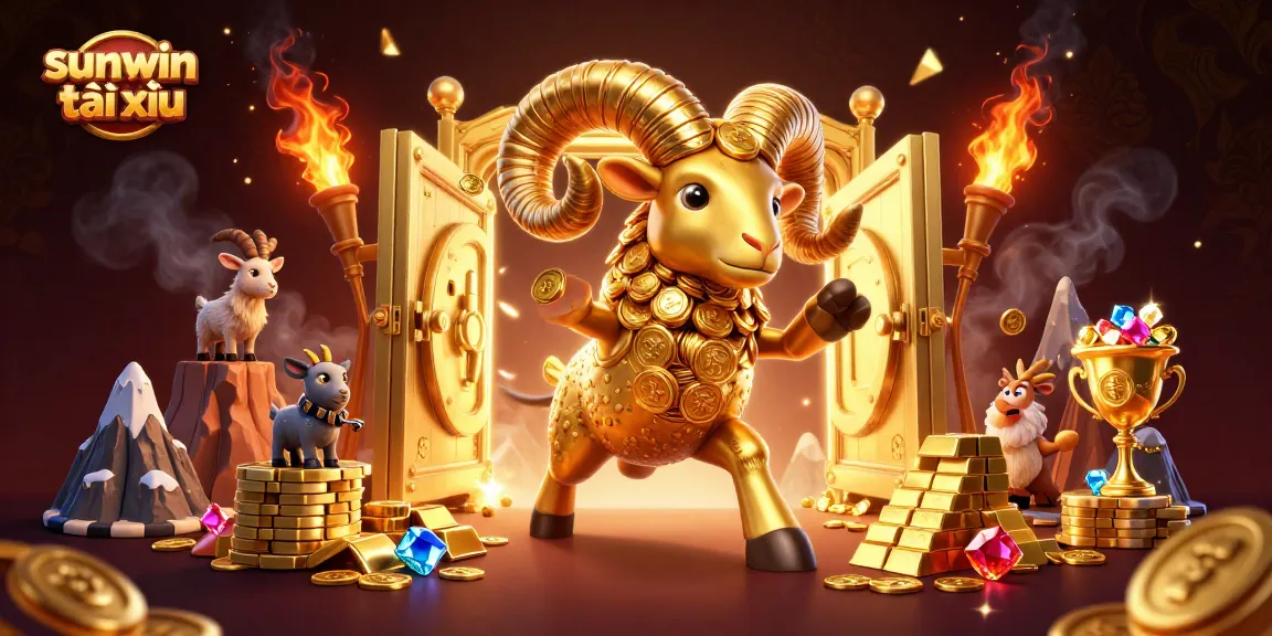 Engage in sunwin tài xỉu with a cartoon ram amidst a treasure vault scene full of gold and gems.