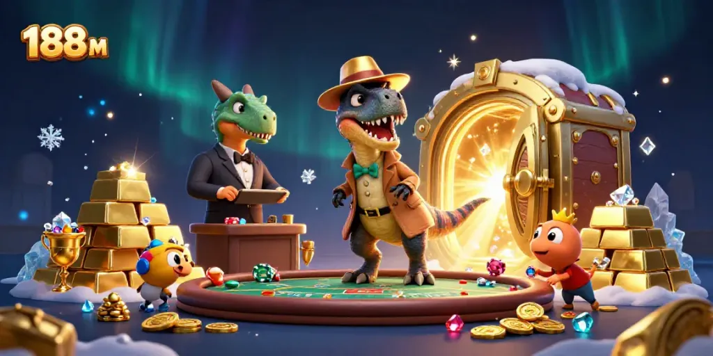 Experience thrilling blackjack action at 188 M with a unique cartoon dinosaur showdown.