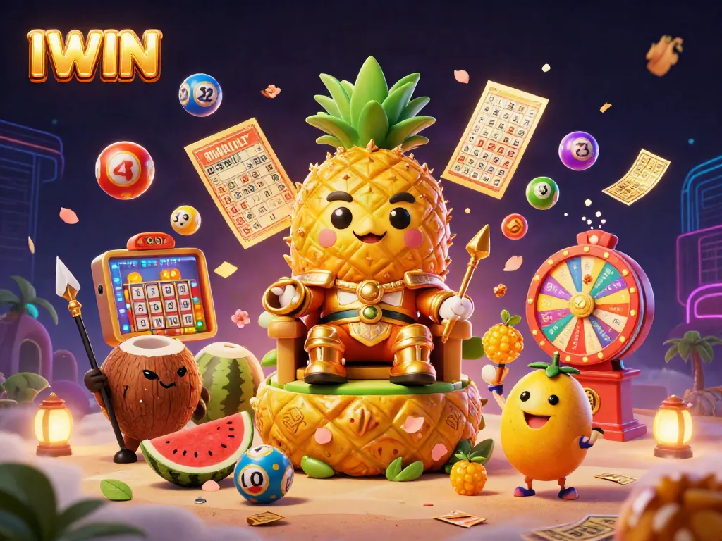 IWIN brings excitement in this colorful 3D casino scene with our golden pineapple king and vibrant gaming elements.