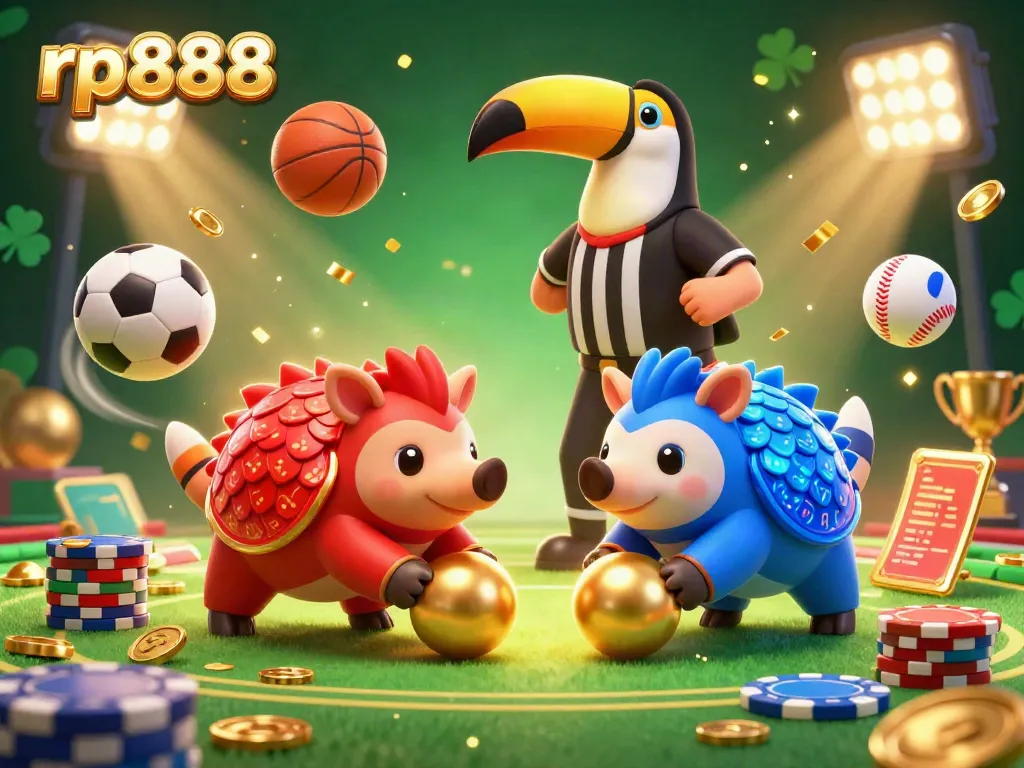 Engage with rp888's dynamic casino action as pangolins roll through poker chips amidst vibrant gaming elements.