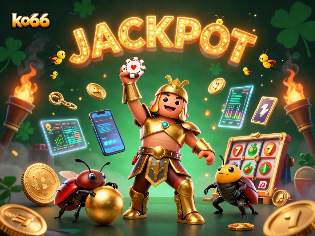 Engage with ko66's exhilarating jackpot experience in a vibrant 3D casino scene.