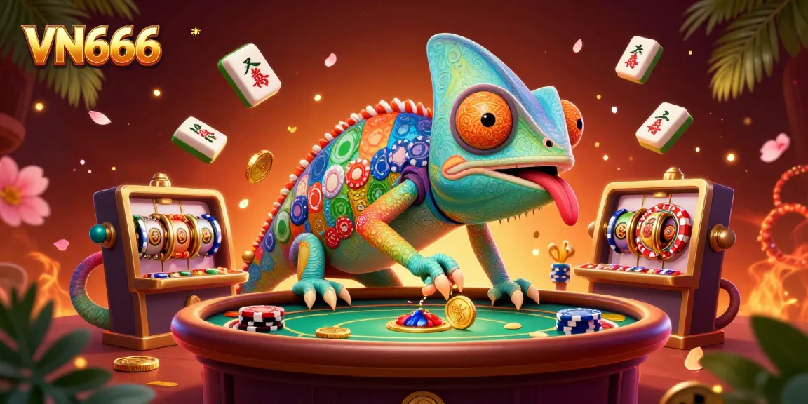 Win big with VN666's vibrant casino scene featuring a chameleon owner and slot reels.