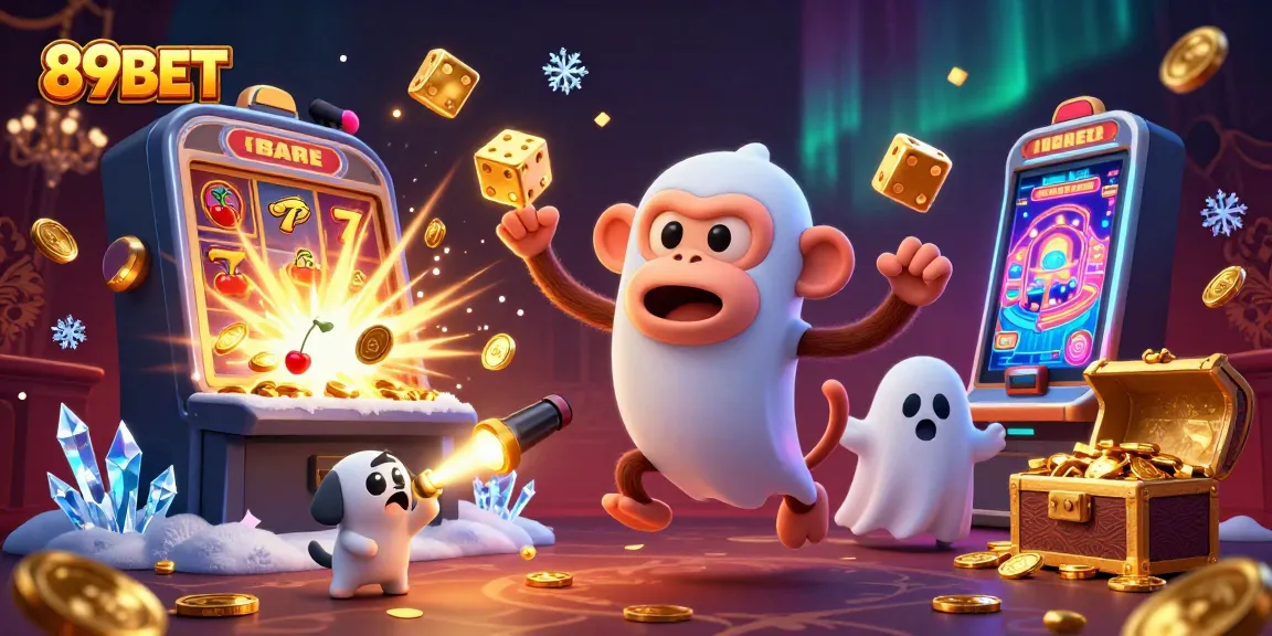 Engage with 89BET's thrilling gaming experience featuring a mischievous monkey and ghost-hunter puppy.