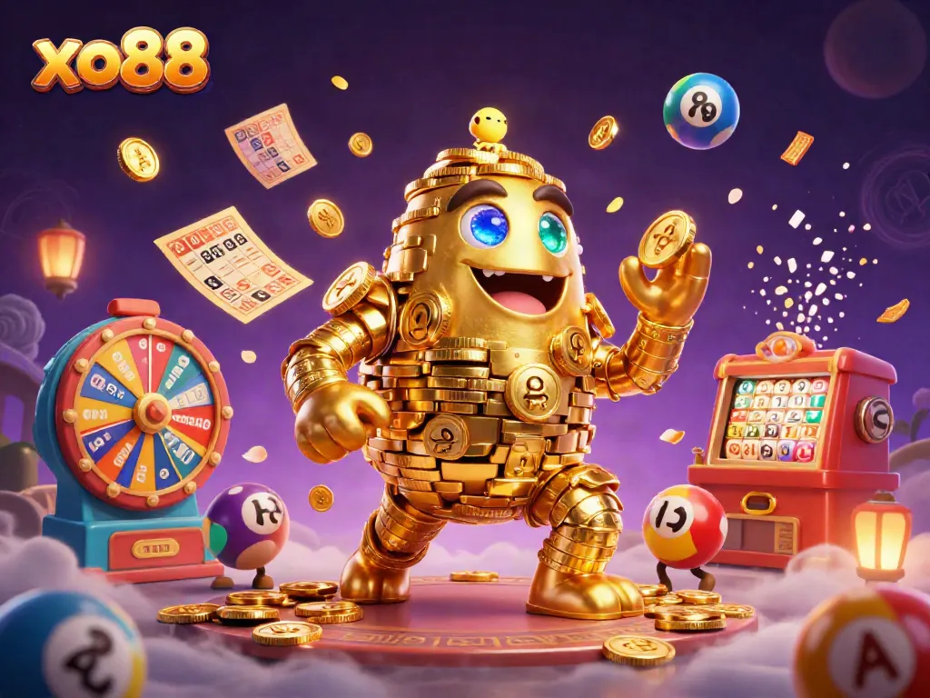 Play thrilling games at xo88, featuring vibrant golden golem and dynamic lottery elements.