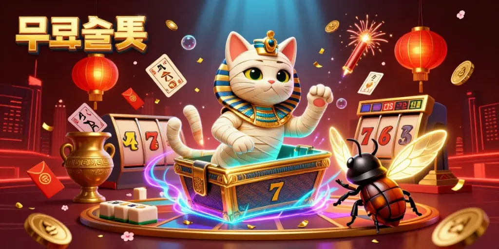 Experience the exhilarating world of 무료슬롯 with a vibrant 3D illustration featuring a mummy cat, slot reels, and rich casino elements.