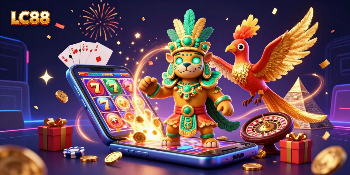 Experience thrilling gameplay at LC88 with vibrant slot games and glamorous jackpots in a captivating casino scene.