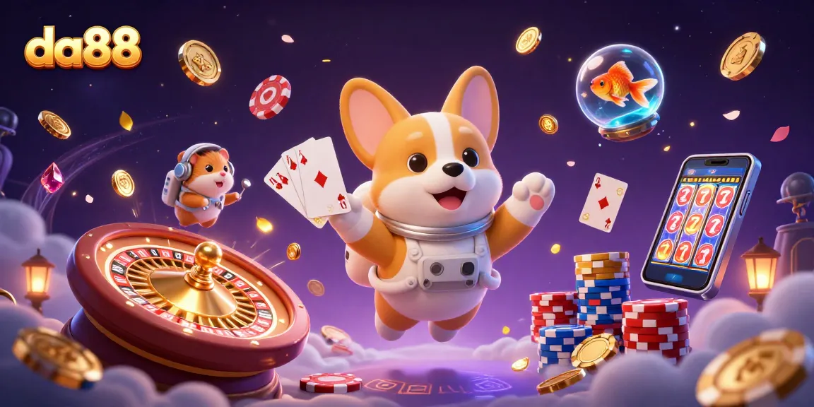 da88 casino scene with a floating corgi, coins, and gem stones in dynamic action