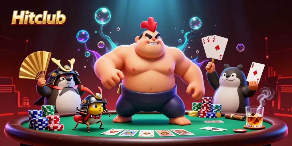Experience Hitclub with a dynamic poker scene featuring an energetic sumo wrestler, fighting cricket, and tanuki announcer.