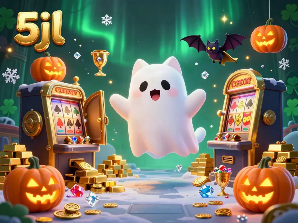Experience the thrilling ambiance of 5jl, where a ghost cat and bat navigate a haunted casino full of treasures and excitement.
