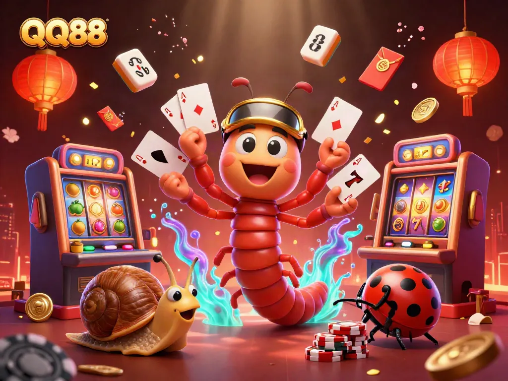 Engage with QQ88's thrilling atmosphere featuring slot machines, a millipede dealer, and a snail high-roller.