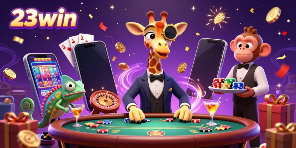 Experience the vibrant energy of 23win with a high-roller giraffe at a VIP poker table surrounded by dynamic gambling elements.