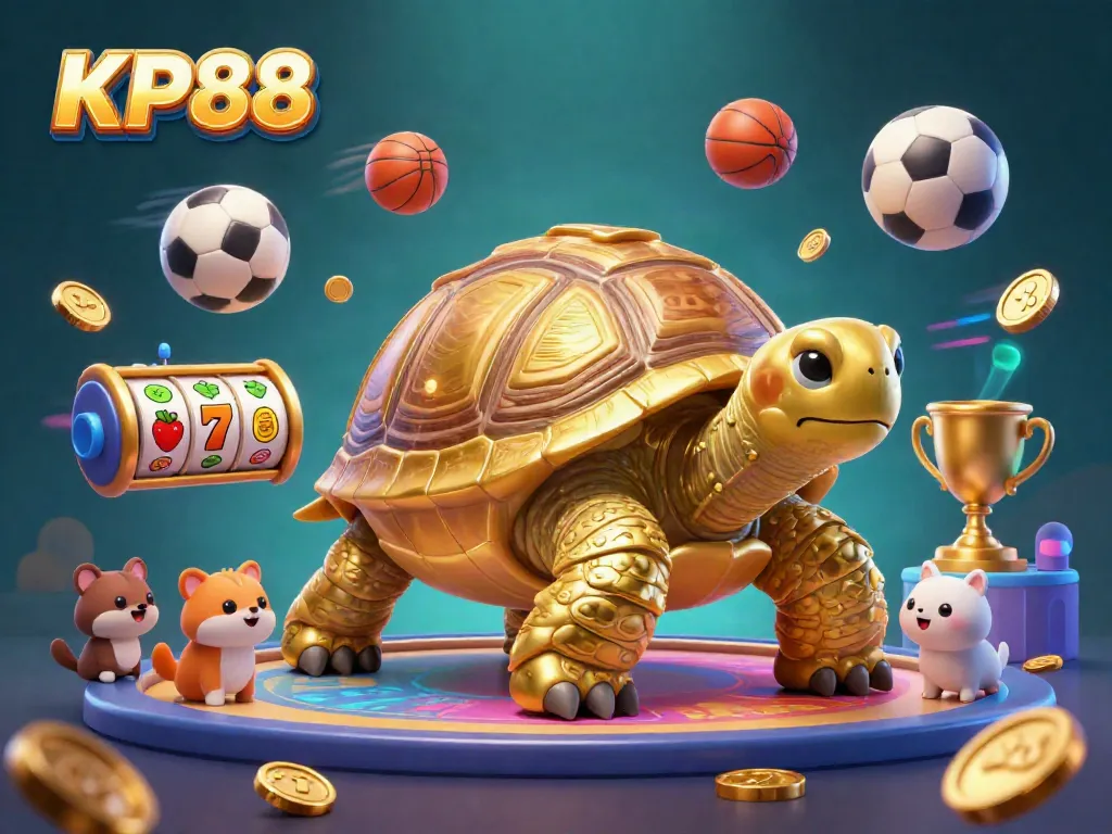 This vibrant illustration showcases KP88's exciting casino environment with golden tortoise pinball, slots, and sports elements.