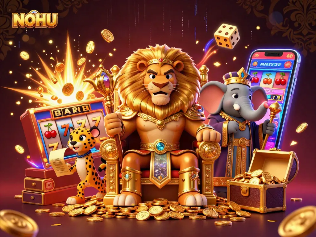 NOHU offers thrilling jackpot opportunities with a dynamic illustration of casino characters.