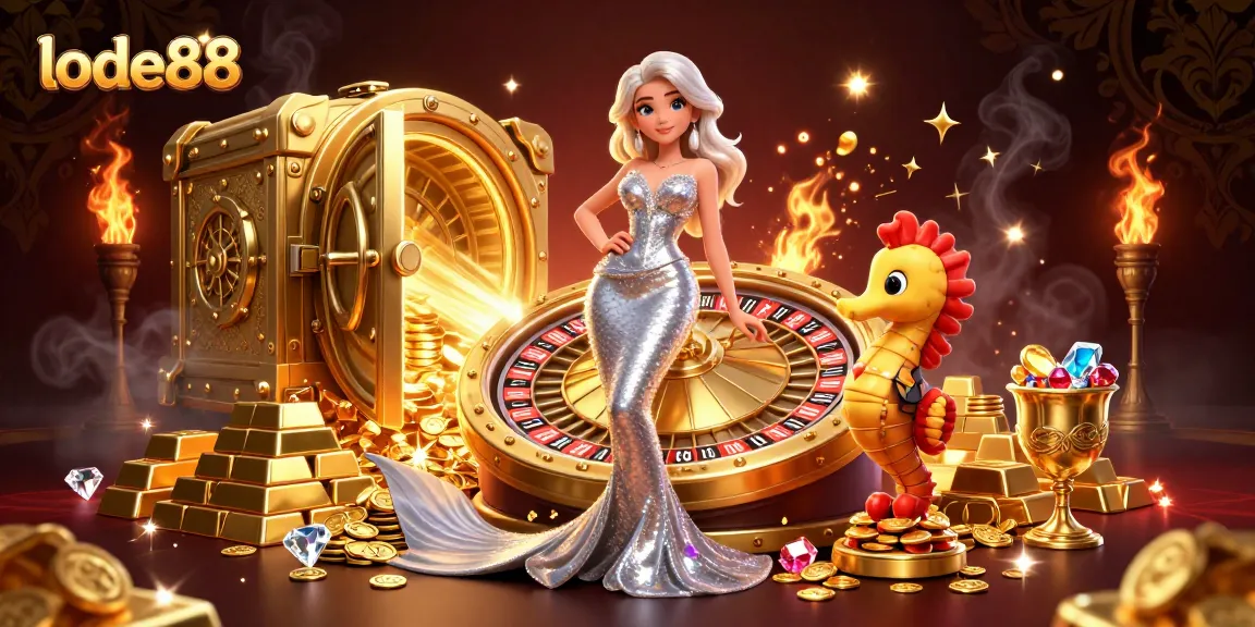 Experience thrilling games at lode88 with a dazzling scene featuring a glamorous woman and a golden roulette wheel.