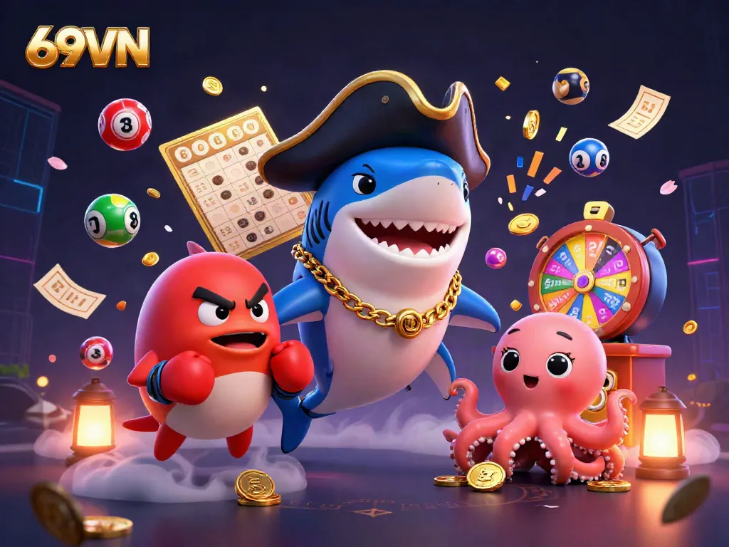 Experience exciting gameplay at 69VN with animated characters and vibrant casino elements in this dynamic 3D scene.