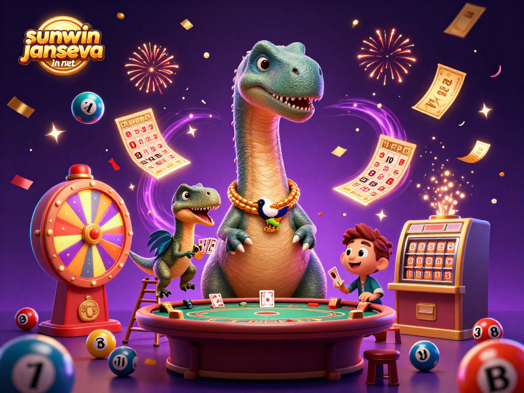 Enjoy the thrill of sunwin janseva in net with a lively scene of cartoon dinosaurs in a bustling casino.