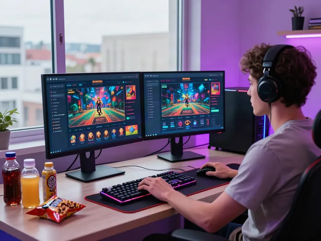 Login Dewatogel on vibrant gaming setup with dual screens displaying online games