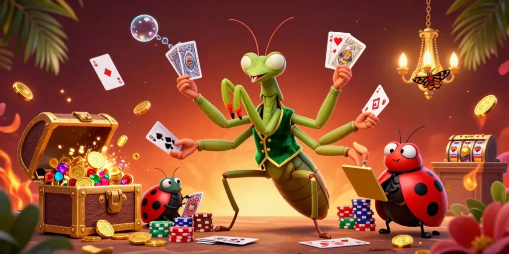 Experience HITCLUB's vibrant casino scene with a giant mantis card sharp and a ladybug pit boss amidst glowing treasures.