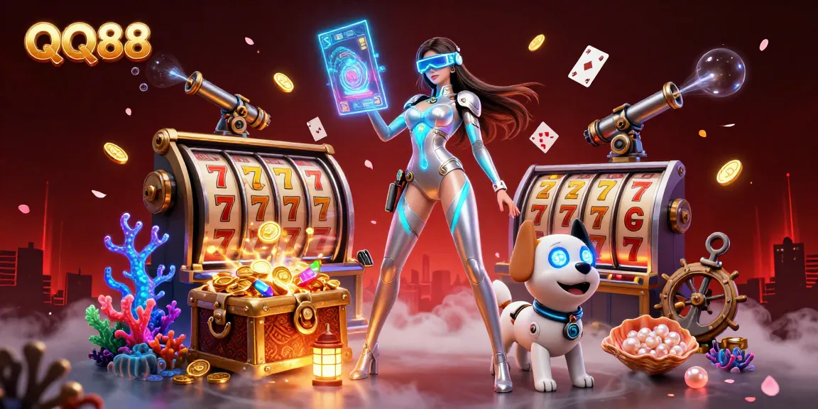 Experience thrilling slots at QQ88 with a futuristic woman and a robot dog in a vibrant 3D casino.