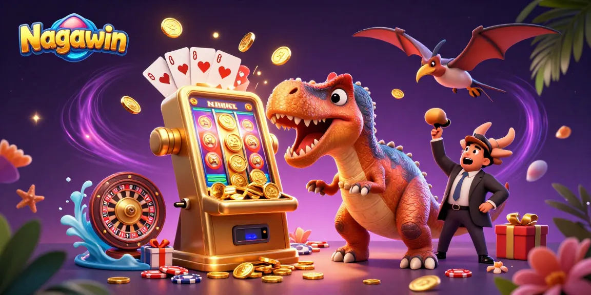 Experience the dynamic thrill of Nagawin with a pachycephalosaurus winning jackpots from a golden slot machine.