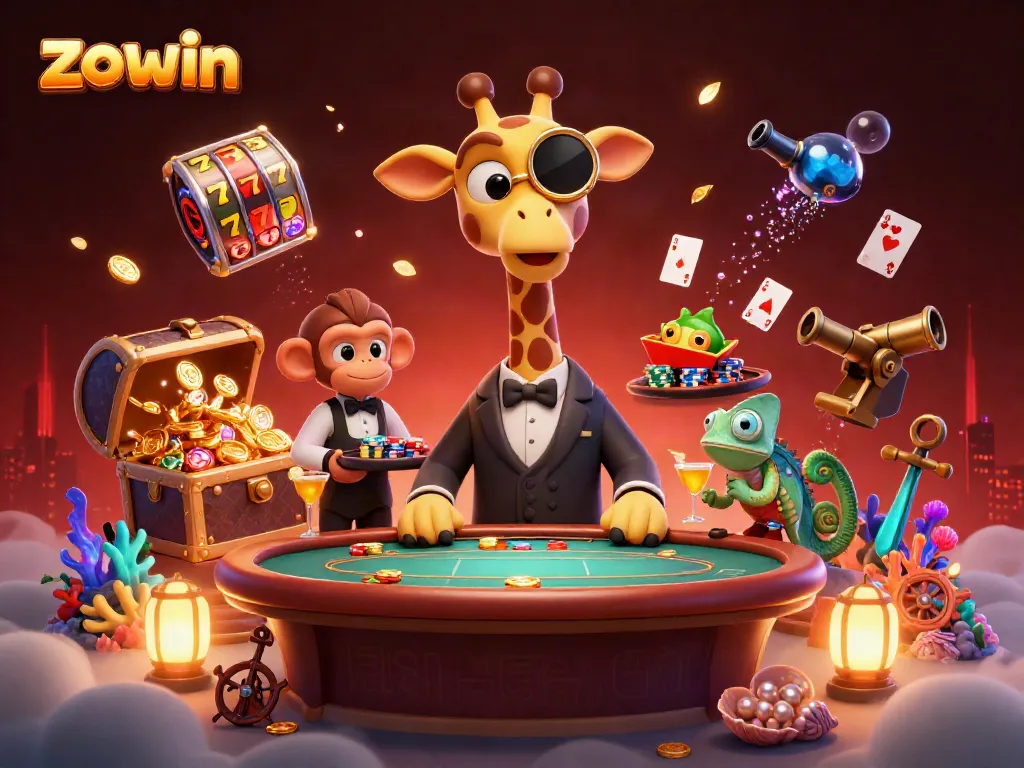Zowin's vibrant casino scene showcasing a giraffe in a suit and a gold cocktail, surrounded by floating jackpot elements.