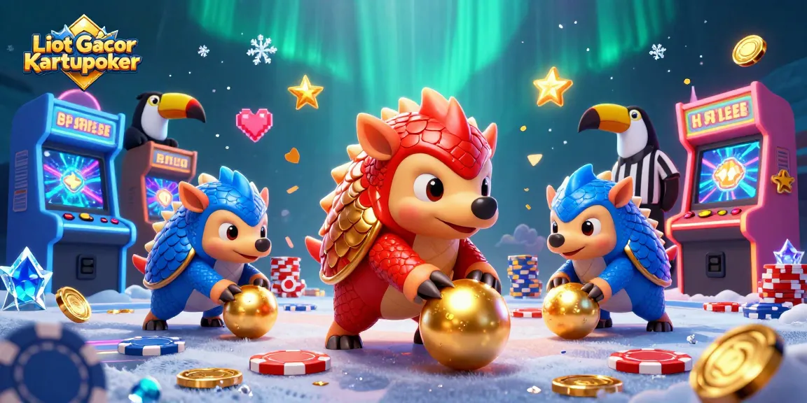 Play and win with Link Slot Gacor Kartupoker’s vibrant casino-themed illustration featuring dynamic characters and game elements.