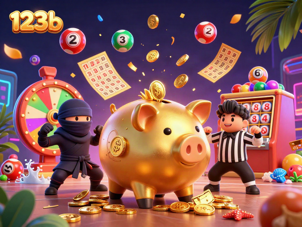 Engage with 123b's thrilling casino scene featuring a piggy bank sumo wrestler, ninja, and vibrant lottery elements.