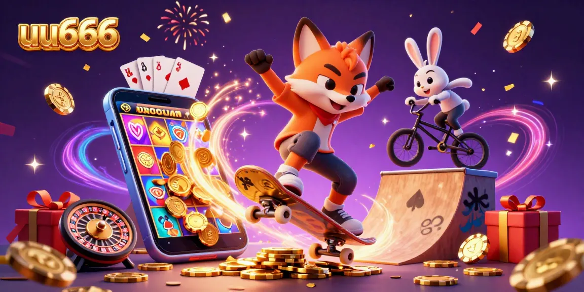 uu666 gaming illustration featuring a skateboarder fox and BMX rabbit in a casino setting.