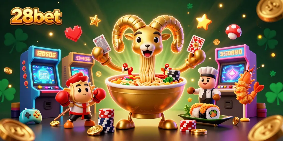 Experience excitement with 28bet's vibrant gaming scene featuring unique characters and casino elements.