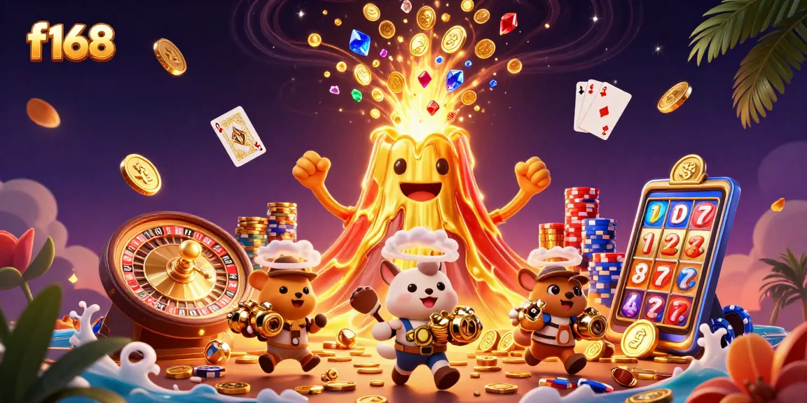 Experience the thrill of f168 with golden lava flowing and treasure-seeking animals in a vibrant casino scene.